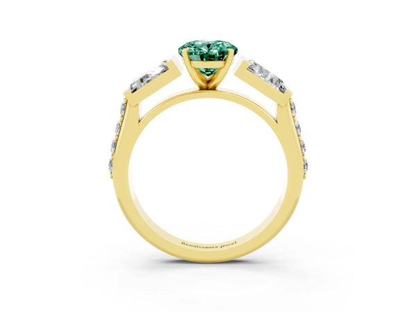 Yellow gold Oval Cut Green Sapphire Engagement Ring with Baguette Side Stones and Channel Set Band
