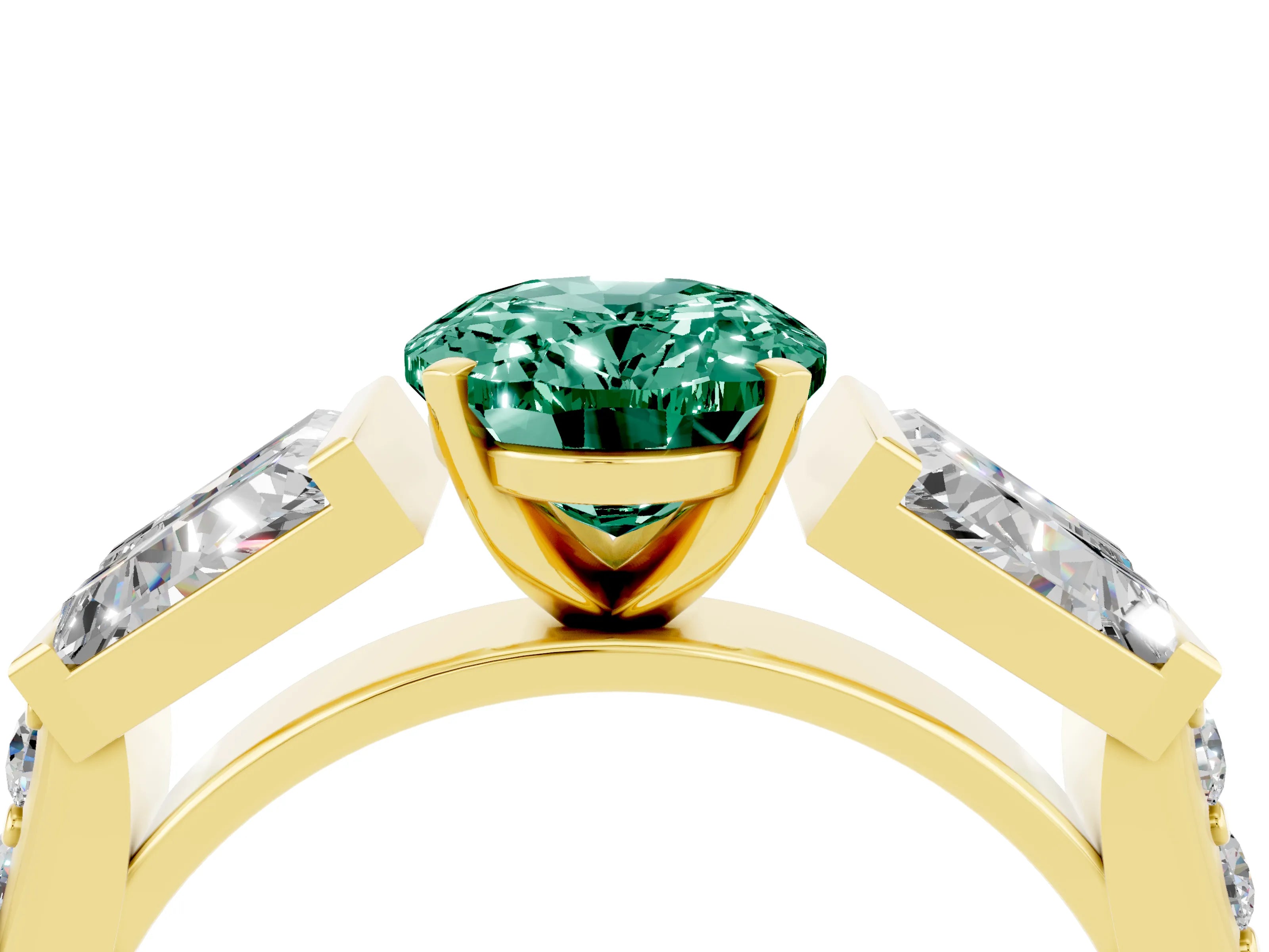 Yellow gold Oval Cut Green Sapphire Engagement Ring with Baguette Side Stones and Channel Set Band_4
