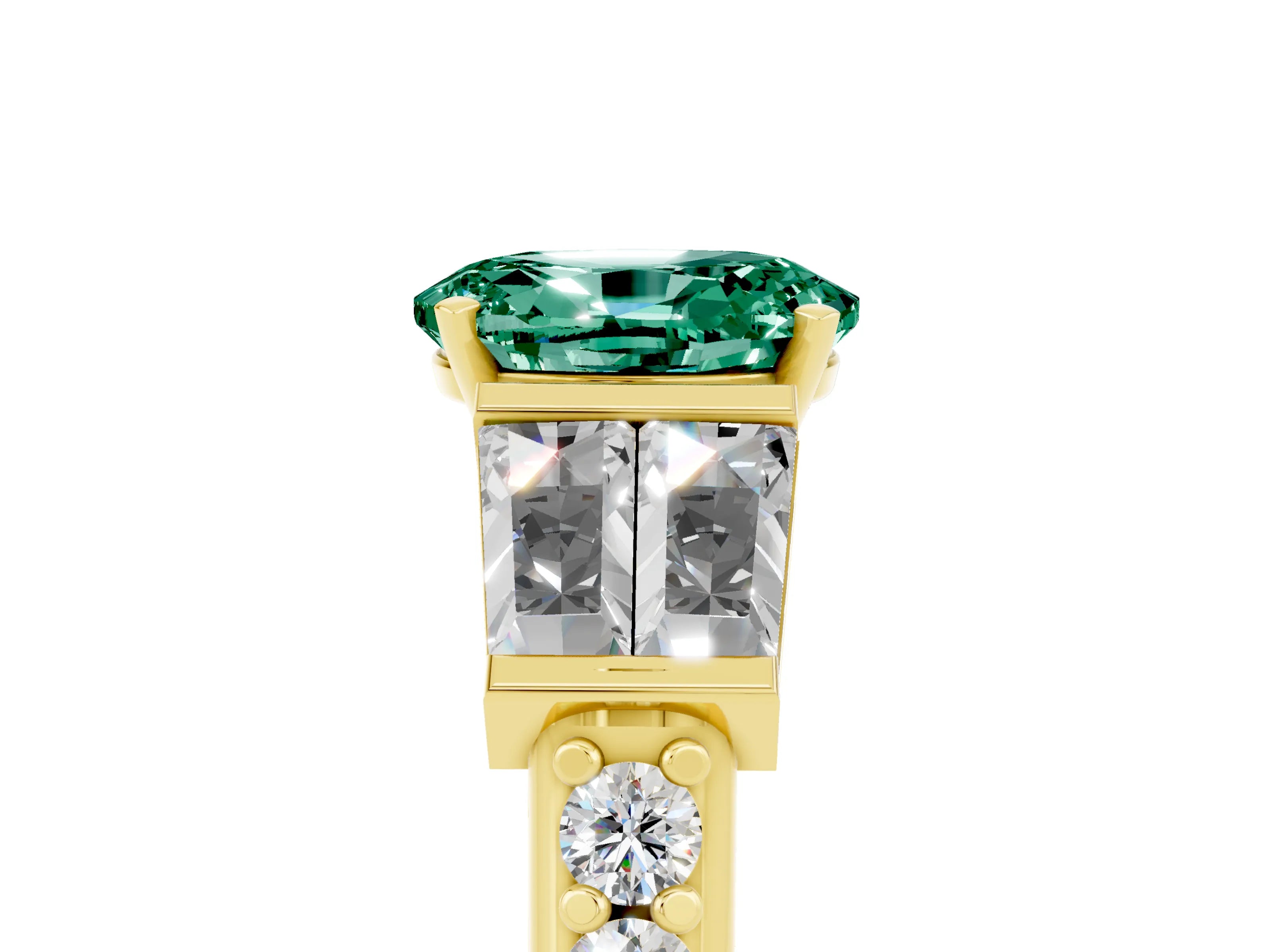 Yellow gold Oval Cut Green Sapphire Engagement Ring with Baguette Side Stones and Channel Set Band_5