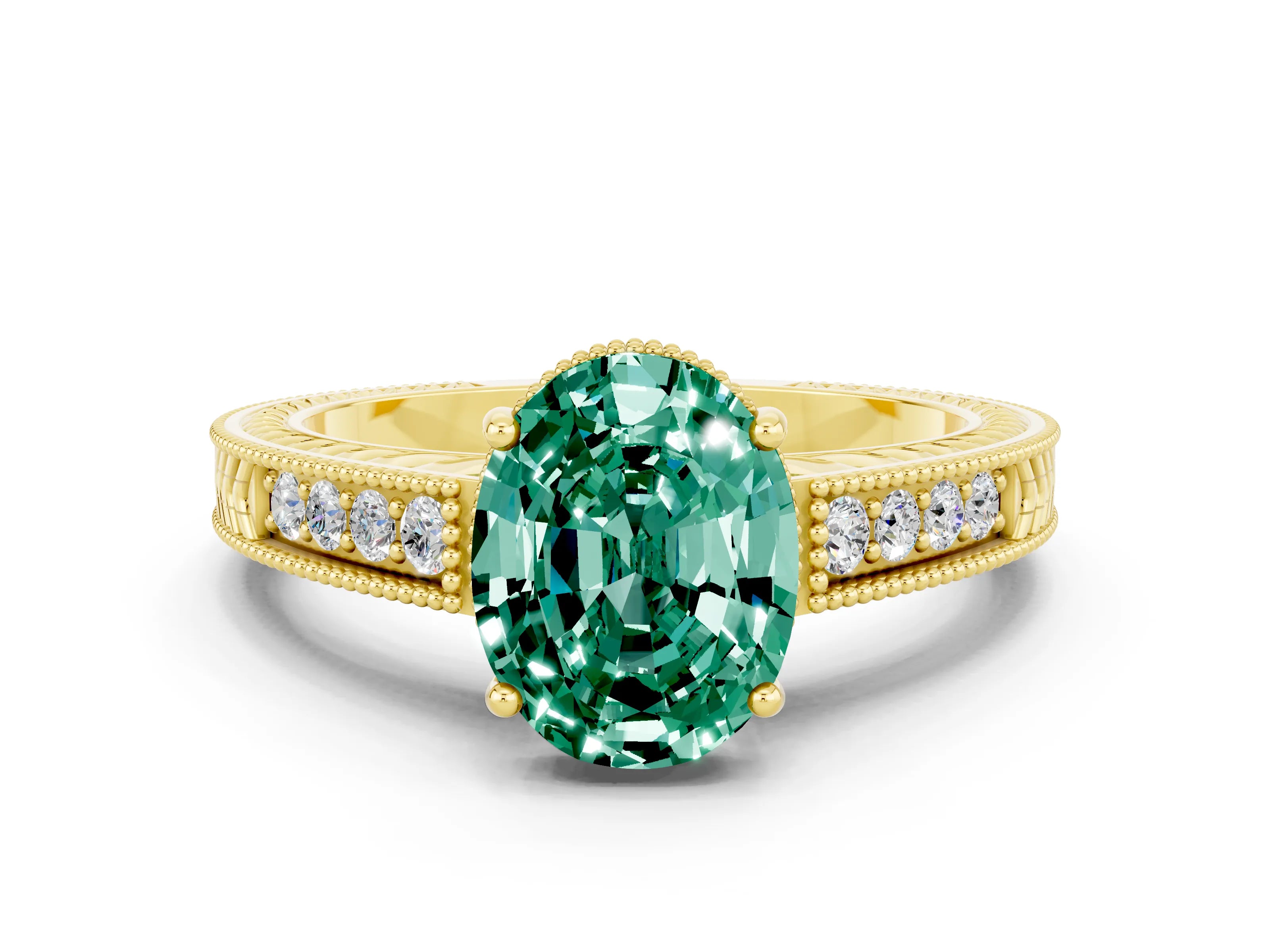 Yellow gold Oval Cut Green Sapphire Engagement Ring with Milgrain Channel Set Band and Prong Setting