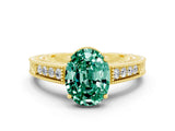 Yellow gold Oval Cut Green Sapphire Engagement Ring with Milgrain Channel Set Band and Prong Setting