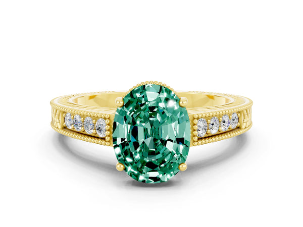 Yellow gold Oval Cut Green Sapphire Engagement Ring with Milgrain Channel Set Band and Prong Setting