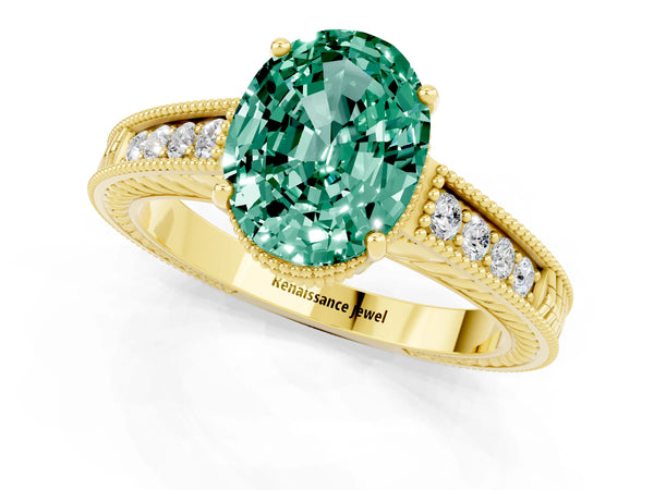 Yellow gold Oval Cut Green Sapphire Engagement Ring with Milgrain Channel Set Band and Prong Setting