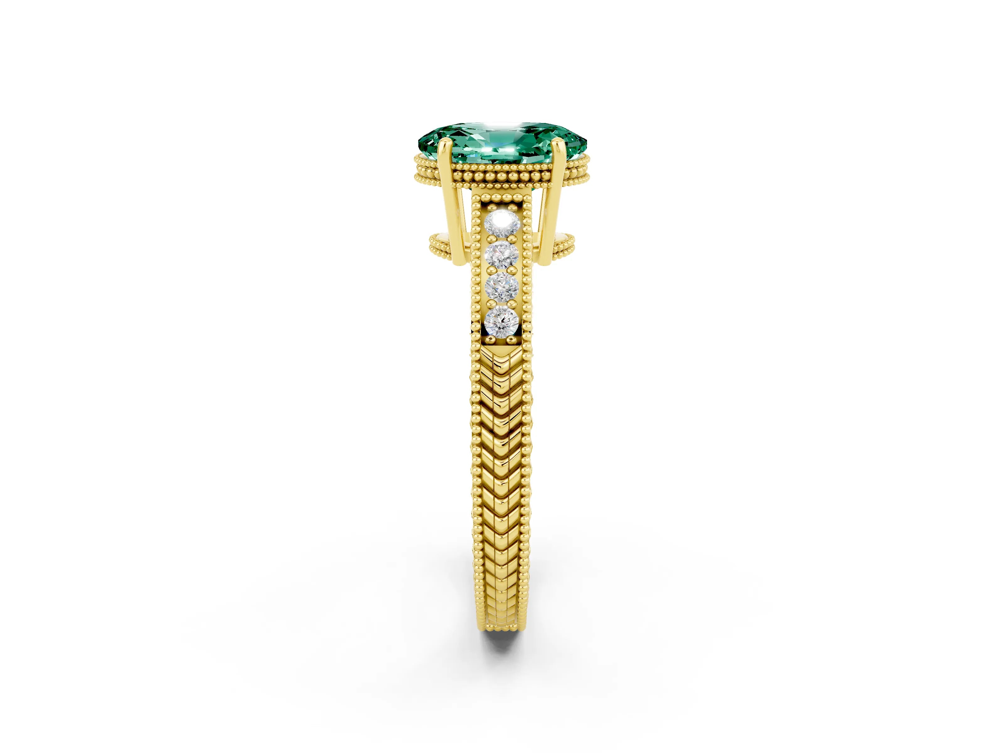 Yellow gold Oval Cut Green Sapphire Engagement Ring with Milgrain Channel Set Band and Prong Setting_2