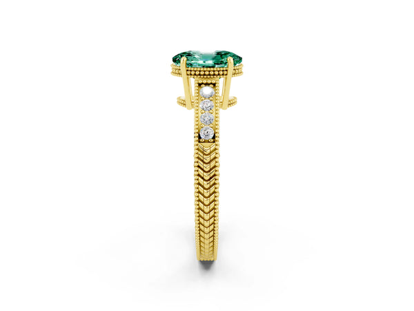 Yellow gold Oval Cut Green Sapphire Engagement Ring with Milgrain Channel Set Band and Prong Setting