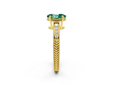 Yellow gold Oval Cut Green Sapphire Engagement Ring with Milgrain Channel Set Band and Prong Setting_2
