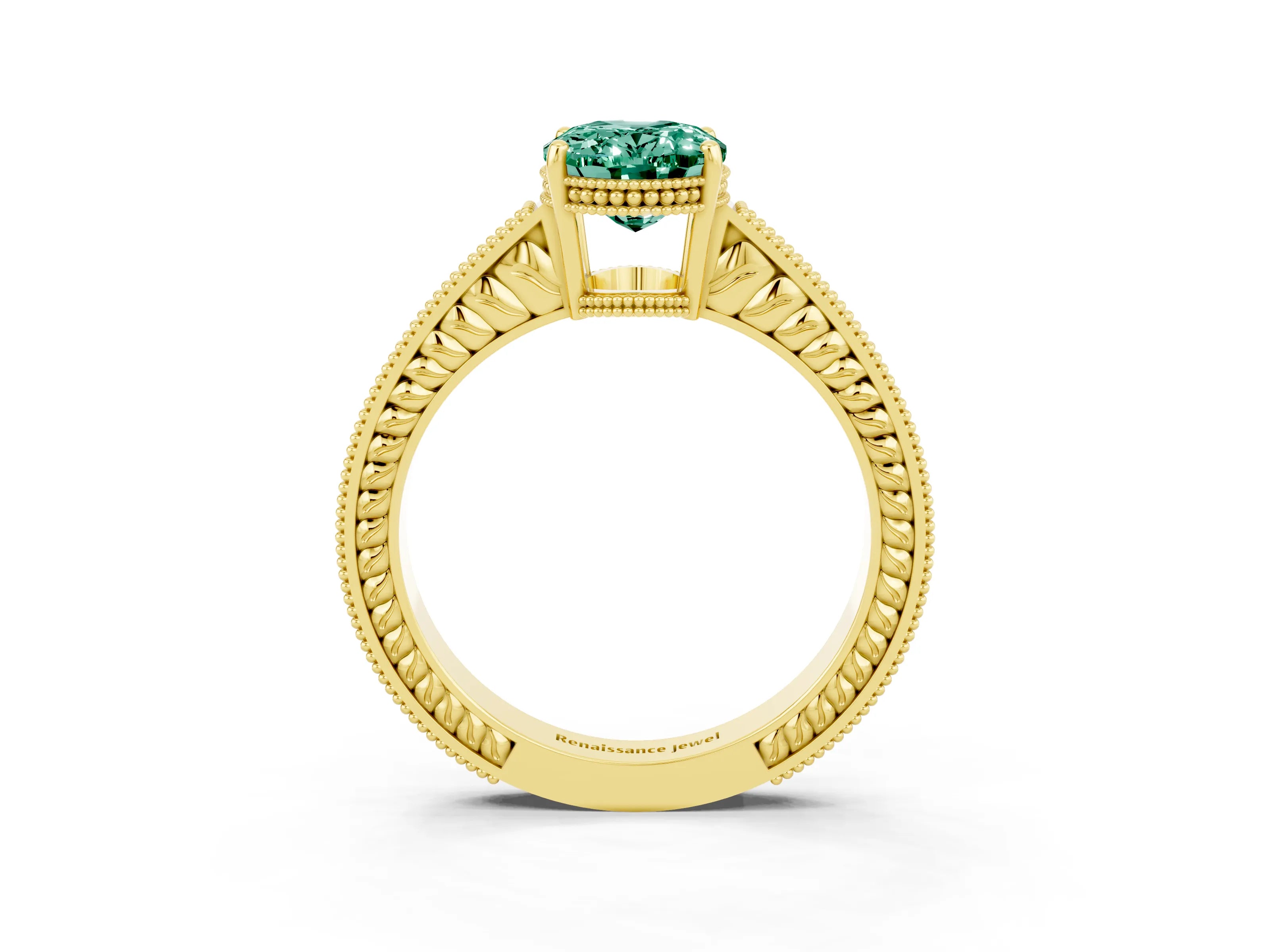 Yellow gold Oval Cut Green Sapphire Engagement Ring with Milgrain Channel Set Band and Prong Setting_3