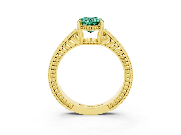 Yellow gold Oval Cut Green Sapphire Engagement Ring with Milgrain Channel Set Band and Prong Setting