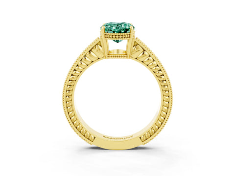 Yellow gold Oval Cut Green Sapphire Engagement Ring with Milgrain Channel Set Band and Prong Setting_3