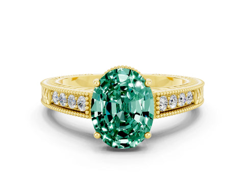 Yellow gold Oval Cut Green Sapphire Engagement Ring with Milgrain Channel Set Band and Prong Setting