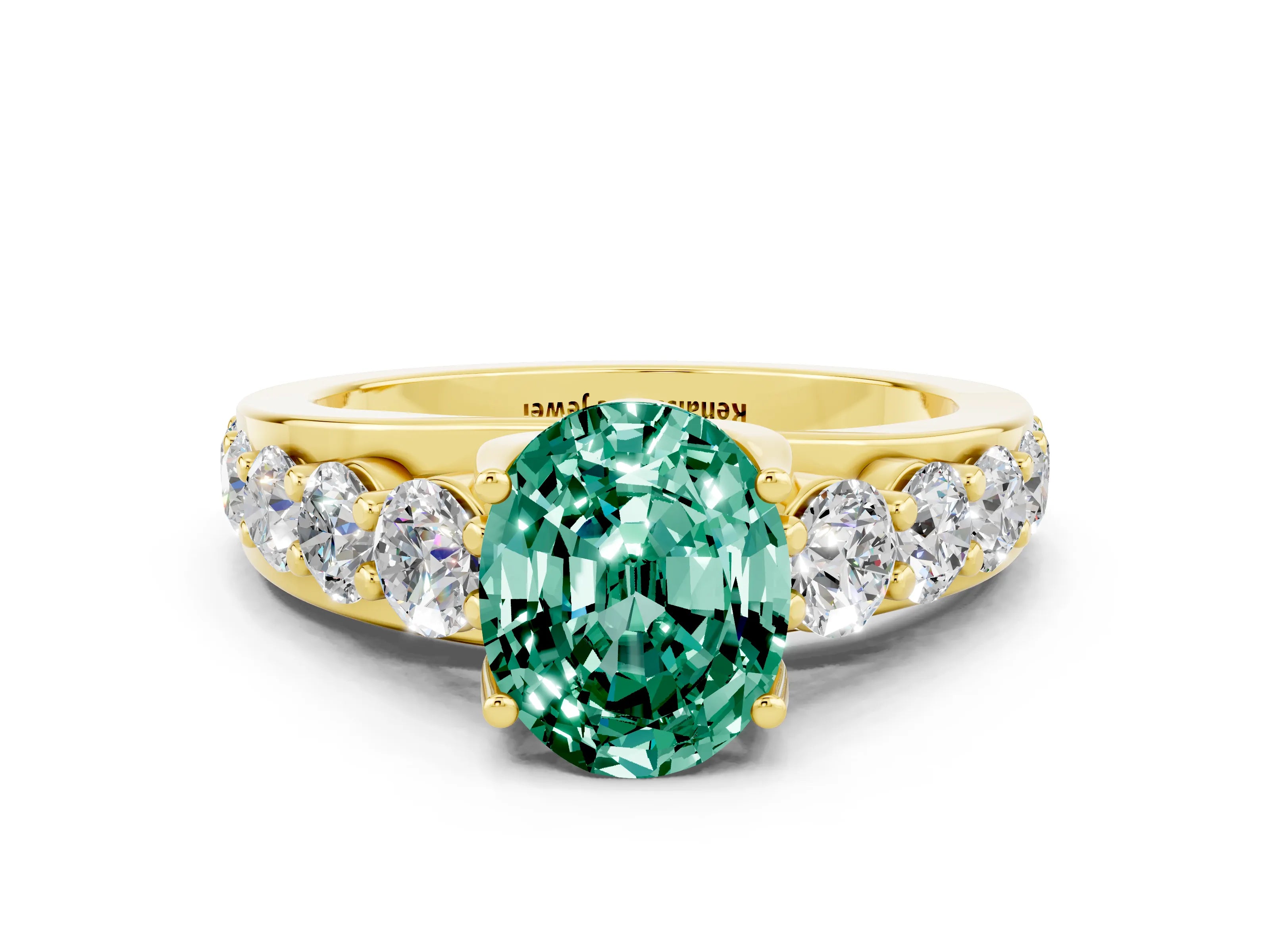 Yellow gold Oval Cut Green Sapphire Engagement Ring with Pavé Band and Four-Prong Setting