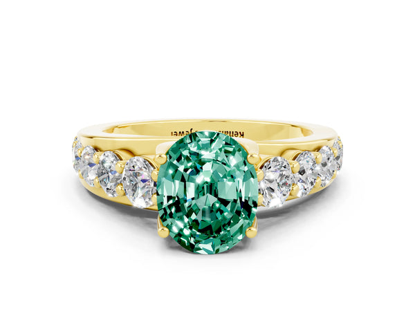 Yellow gold Oval Cut Green Sapphire Engagement Ring with Pavé Band and Four-Prong Setting