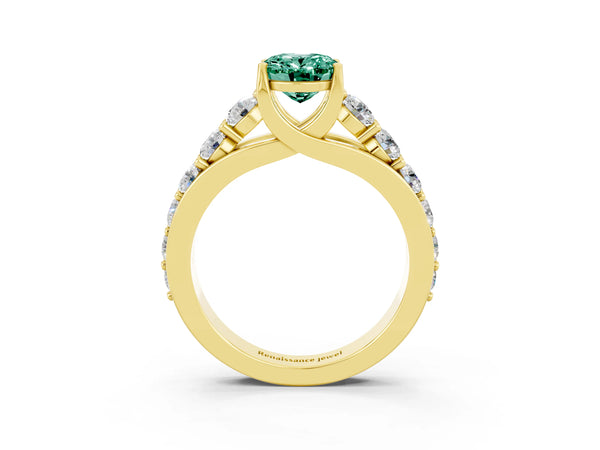 Yellow gold Oval Cut Green Sapphire Engagement Ring with Pavé Band and Four-Prong Setting