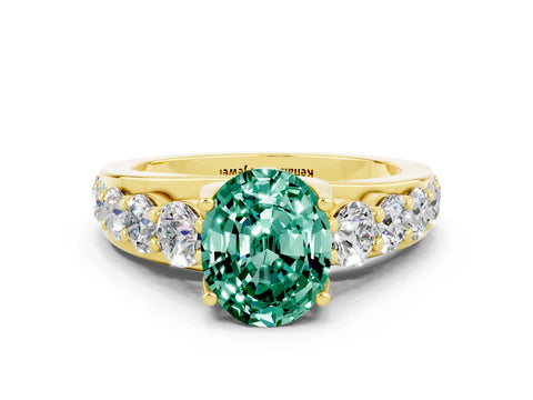Yellow gold Oval Cut Green Sapphire Engagement Ring with Pavé Band and Four-Prong Setting