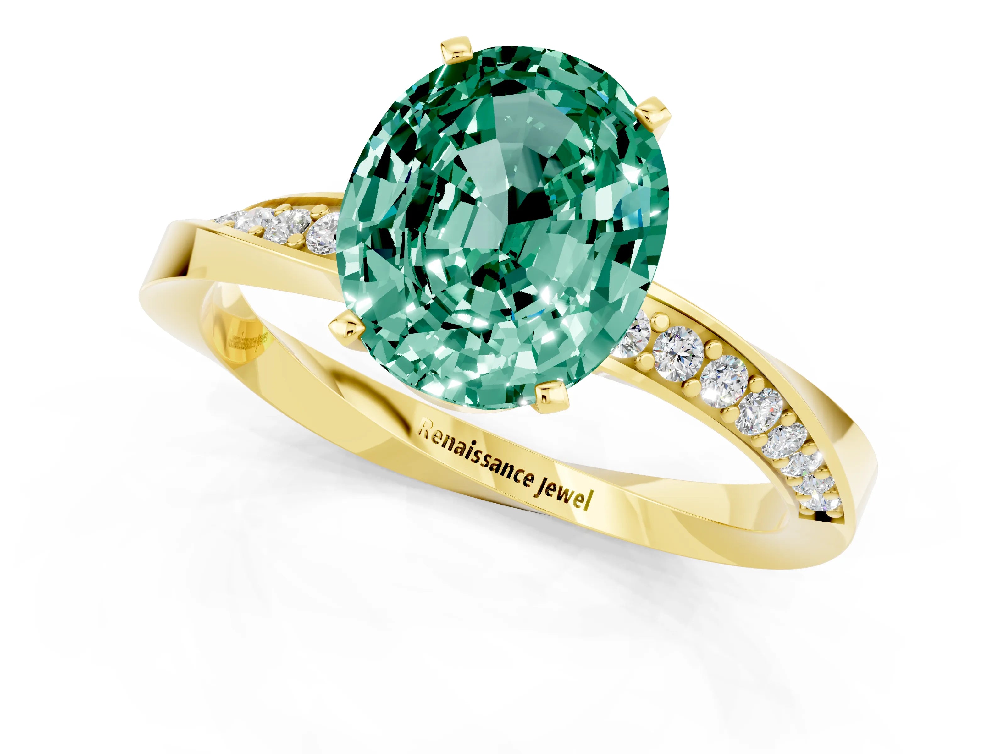 Yellow gold Oval Cut Green Sapphire Engagement Ring with Side Stone Accents and Four-Prong Setting_28
