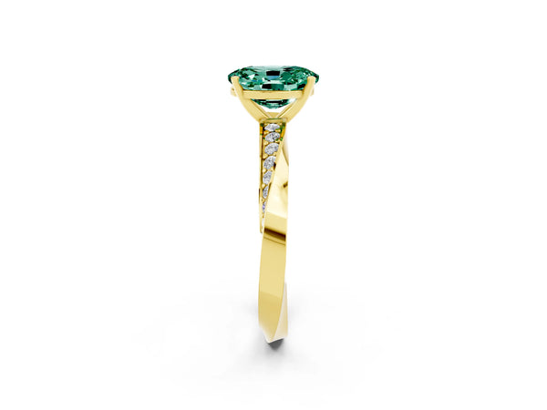 Yellow gold Oval Cut Green Sapphire Engagement Ring with Side Stone Accents and Four-Prong Setting