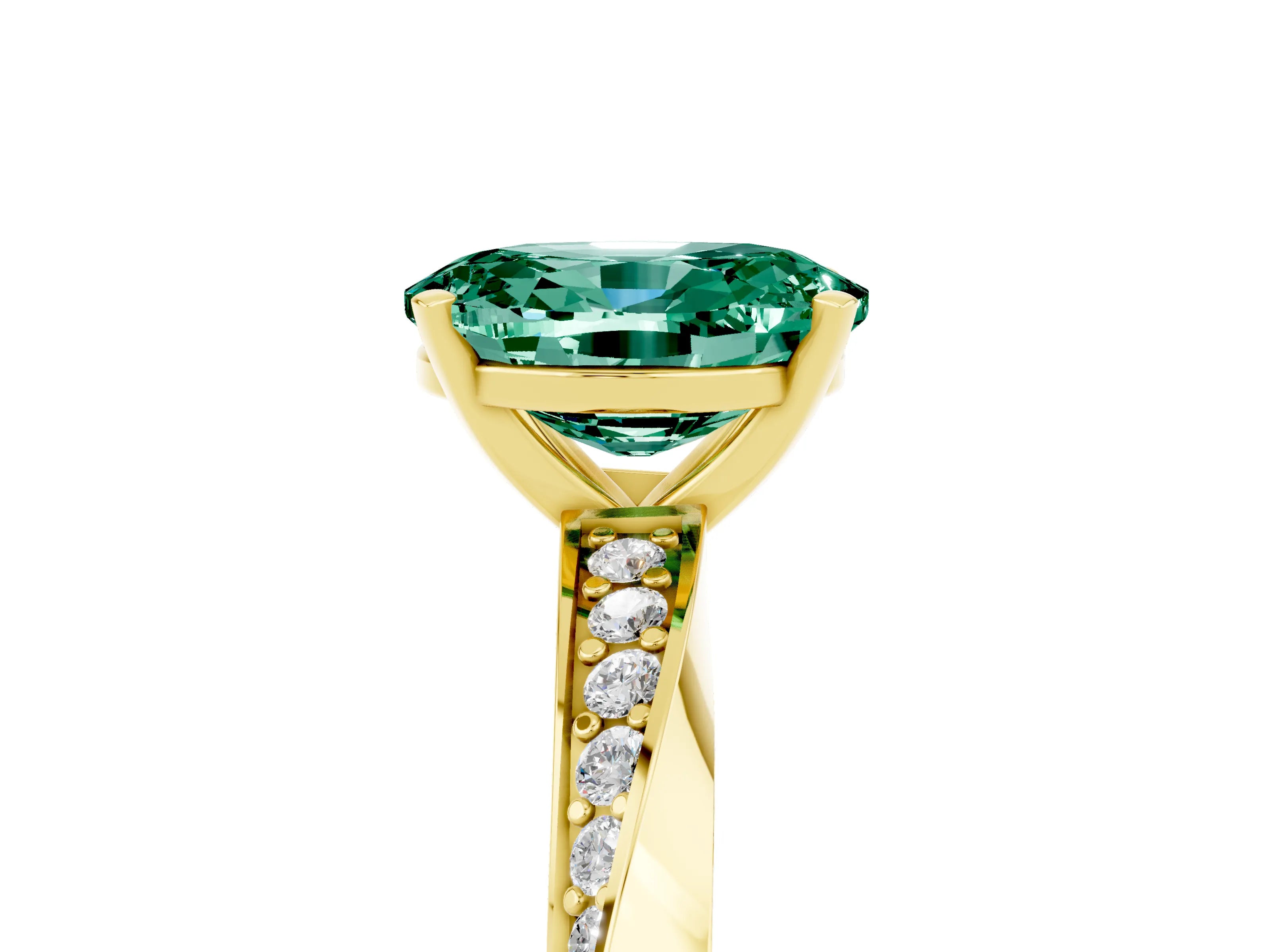 Yellow gold Oval Cut Green Sapphire Engagement Ring with Side Stone Accents and Four-Prong Setting_32