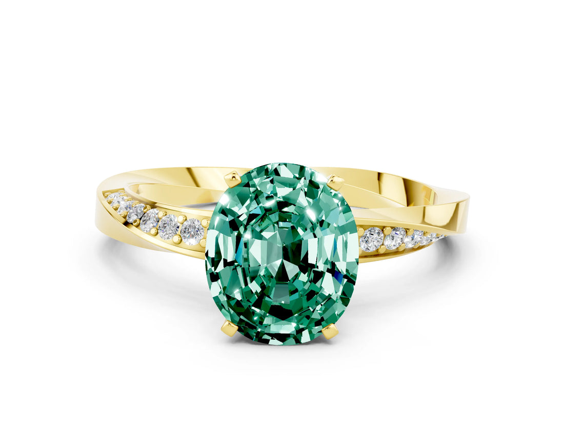 Yellow gold Oval Cut Green Sapphire Engagement Ring with Side Stone Accents and Four-Prong Setting_60
