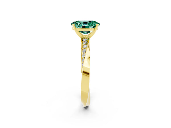 Yellow gold Oval Cut Green Sapphire Engagement Ring with Side Stone Accents and Four-Prong Setting