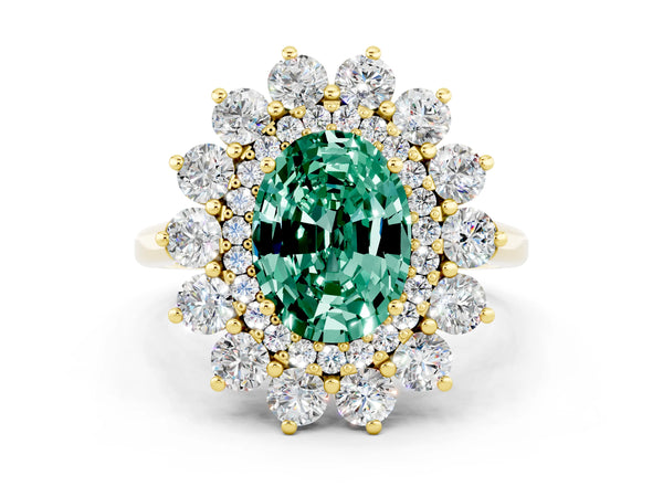 Yellow gold Oval Cut Green Sapphire Floral Double Halo Engagement Ring with Prong Setting
