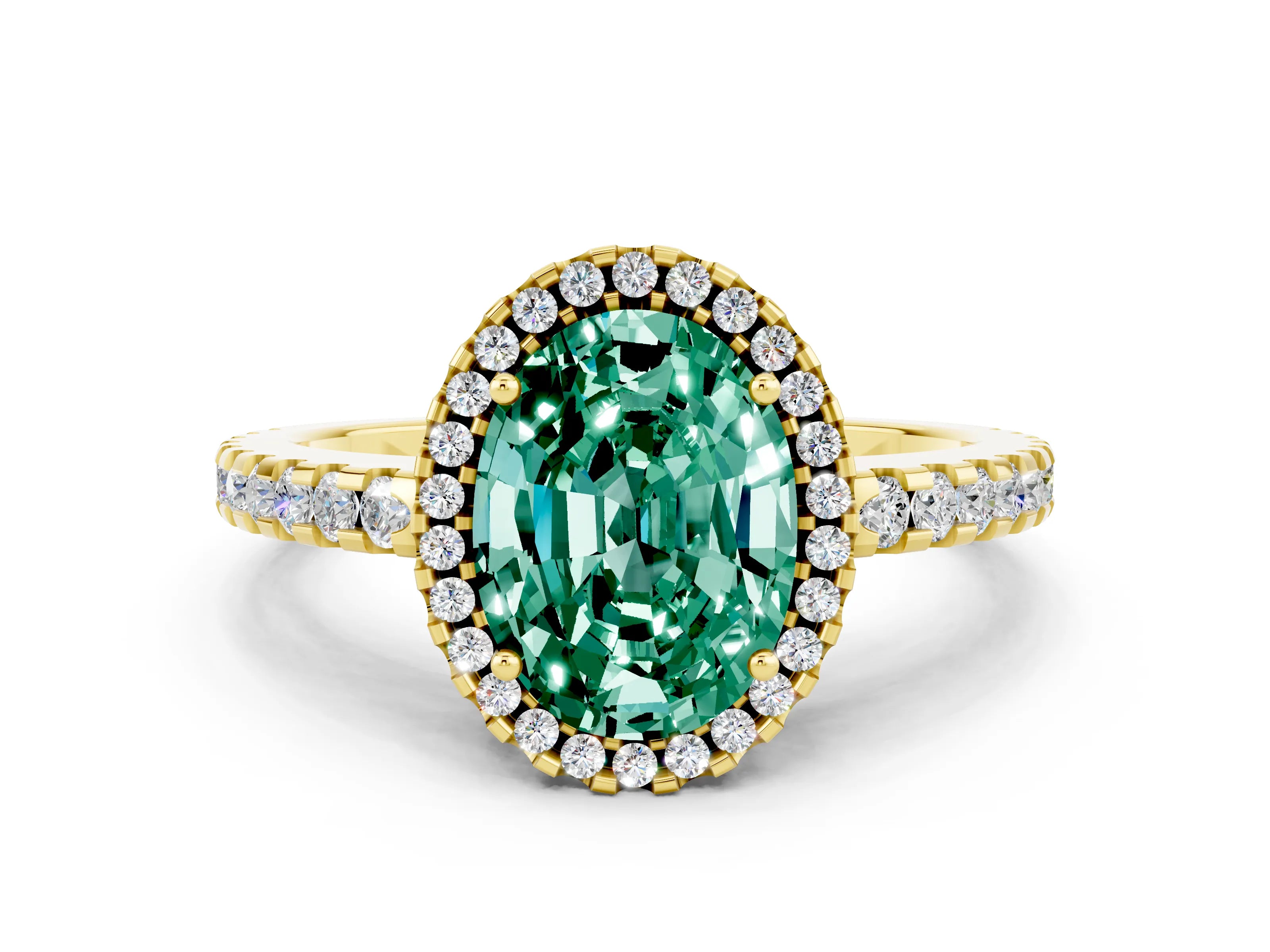 Yellow gold Oval Cut Green Sapphire Halo Engagement Ring with Pavé Band and Prong Setting_12