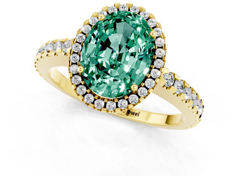 Yellow gold Oval Cut Green Sapphire Halo Engagement Ring with Pavé Band and Prong Setting_13