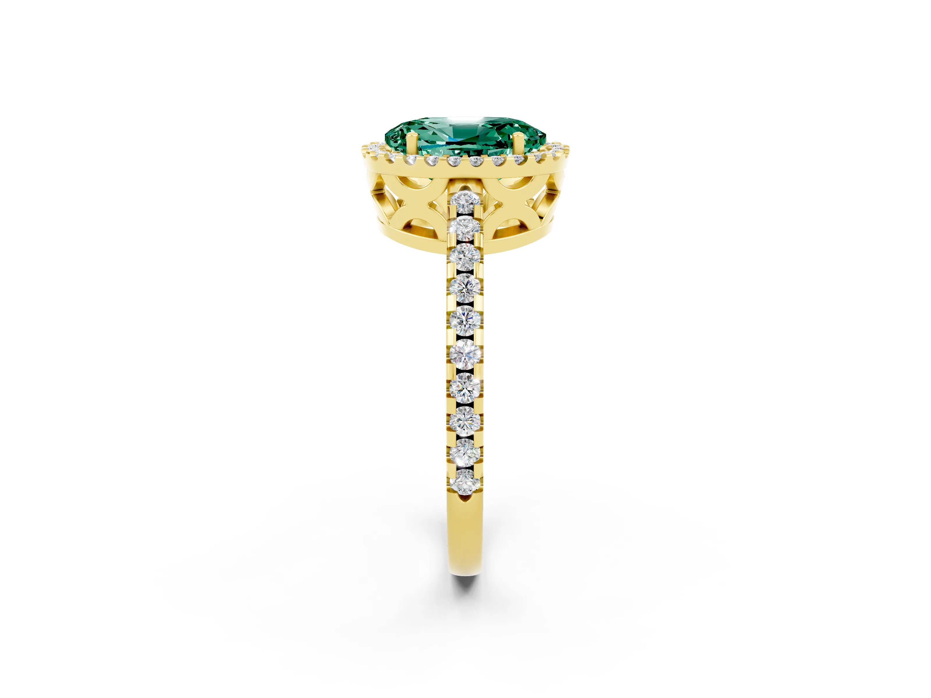 Yellow gold Oval Cut Green Sapphire Halo Engagement Ring with Pavé Band and Prong Setting_14