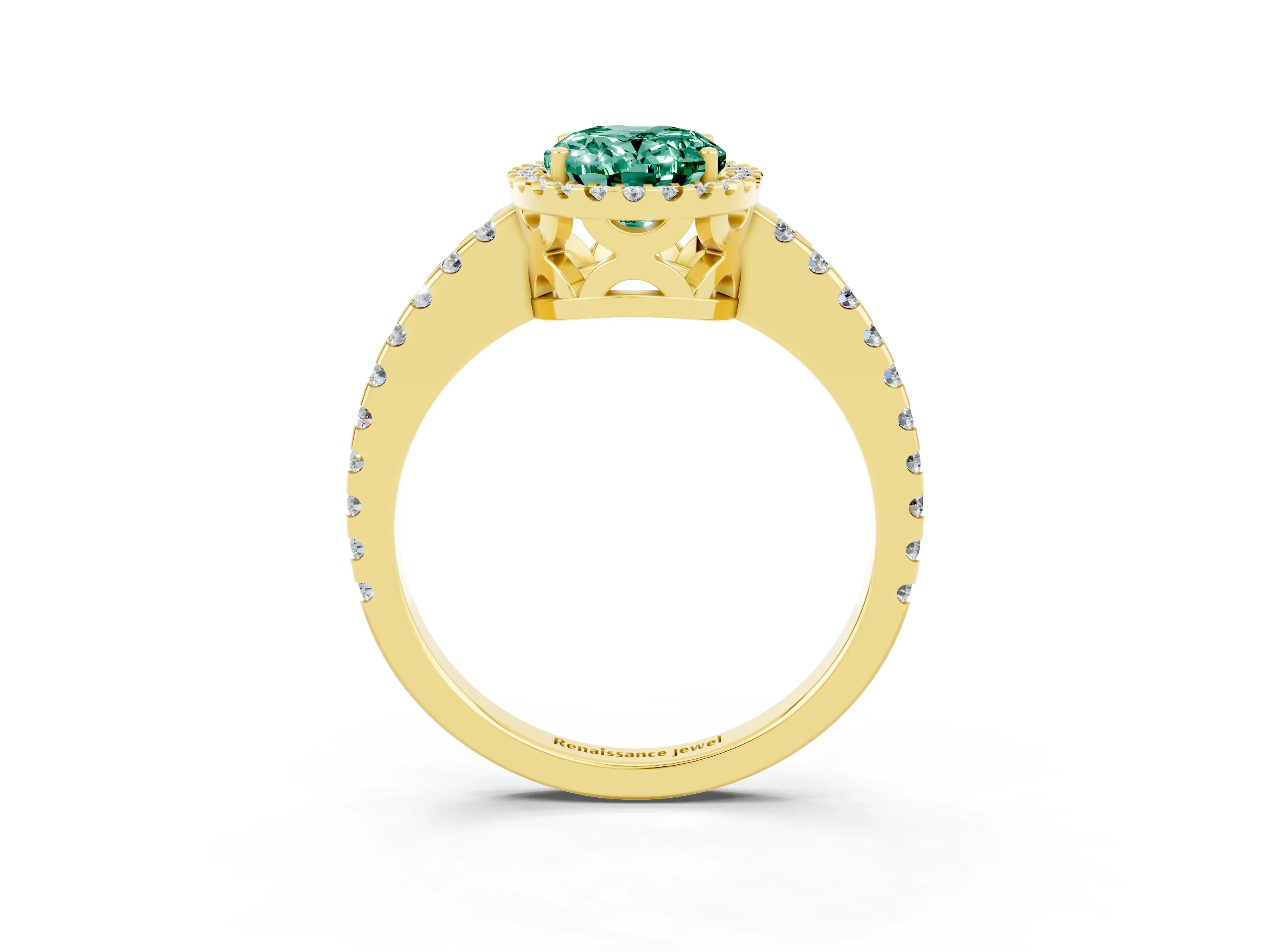 Yellow gold Oval Cut Green Sapphire Halo Engagement Ring with Pavé Band and Prong Setting_15