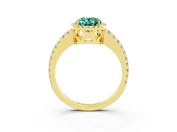 Yellow gold Oval Cut Green Sapphire Halo Engagement Ring with Pavé Band and Prong Setting