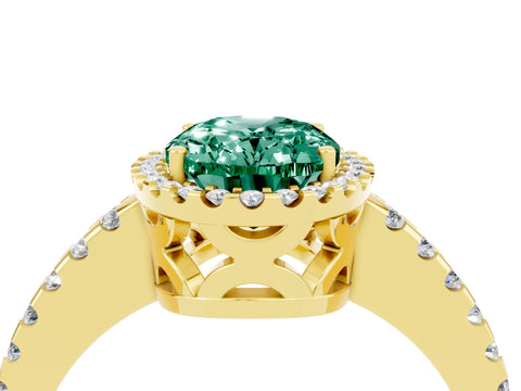 Yellow gold Oval Cut Green Sapphire Halo Engagement Ring with Pavé Band and Prong Setting_16