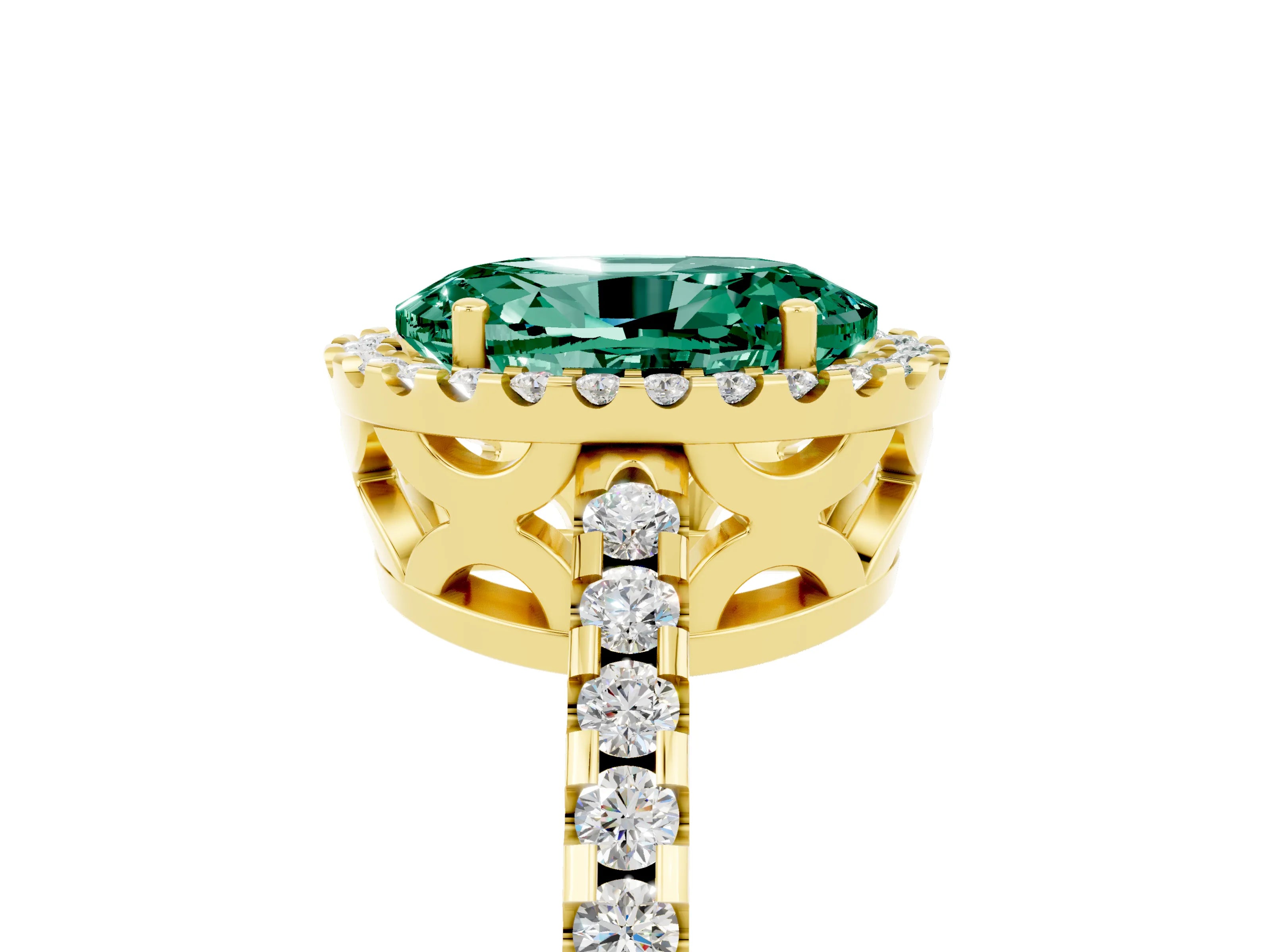 Yellow gold Oval Cut Green Sapphire Halo Engagement Ring with Pavé Band and Prong Setting_17