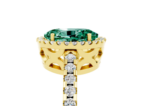 Yellow gold Oval Cut Green Sapphire Halo Engagement Ring with Pavé Band and Prong Setting_17