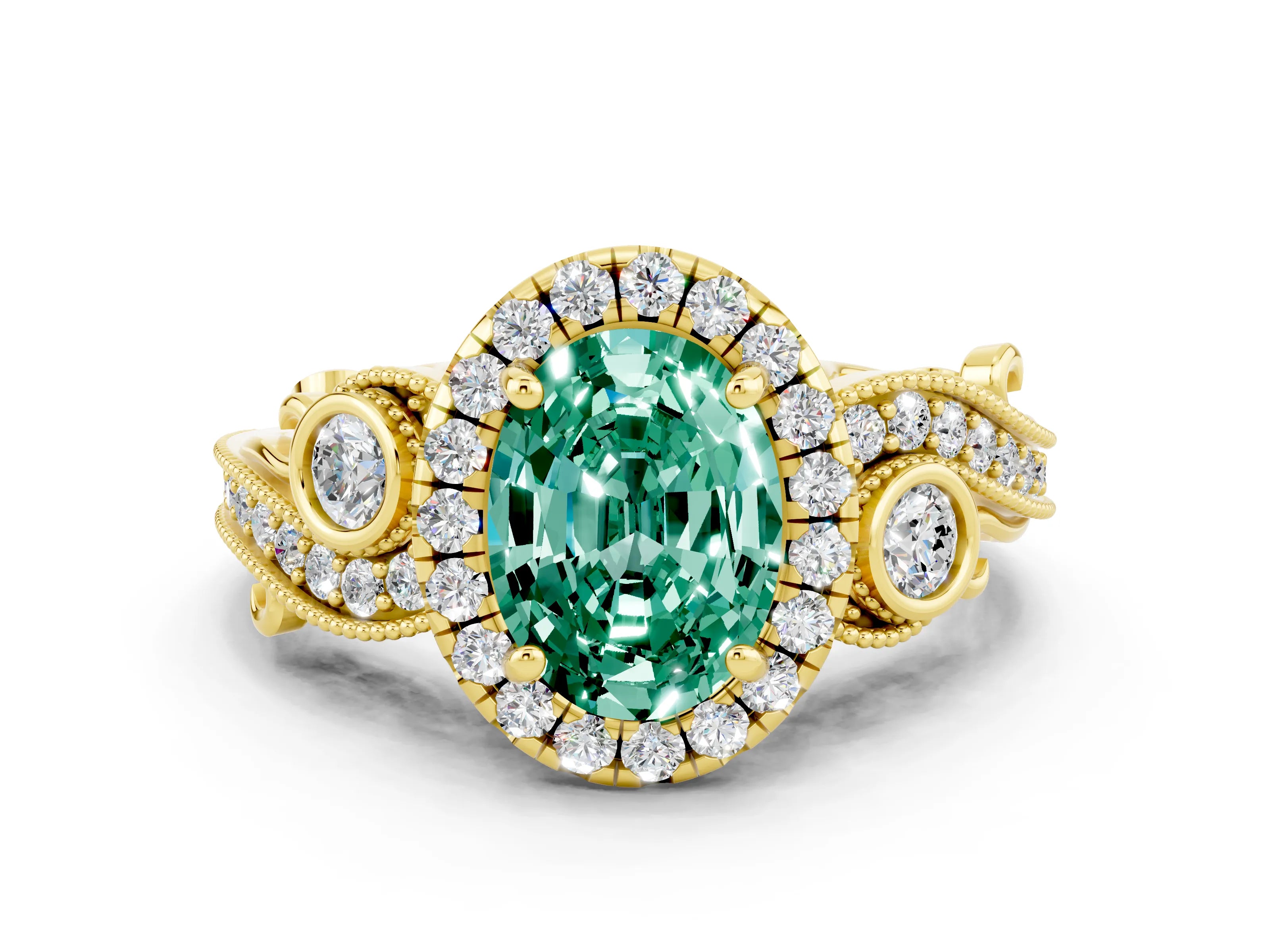 Yellow gold Oval Cut Green Sapphire Halo Ring with Milgrain Pavé Band and Four-Prong Setting_24
