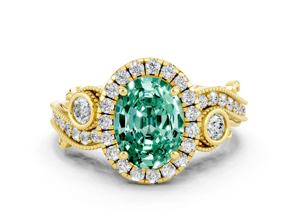 Yellow gold Oval Cut Green Sapphire Halo Ring with Milgrain Pavé Band and Four-Prong Setting