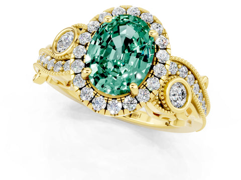 Yellow gold Oval Cut Green Sapphire Halo Ring with Milgrain Pavé Band and Four-Prong Setting_25