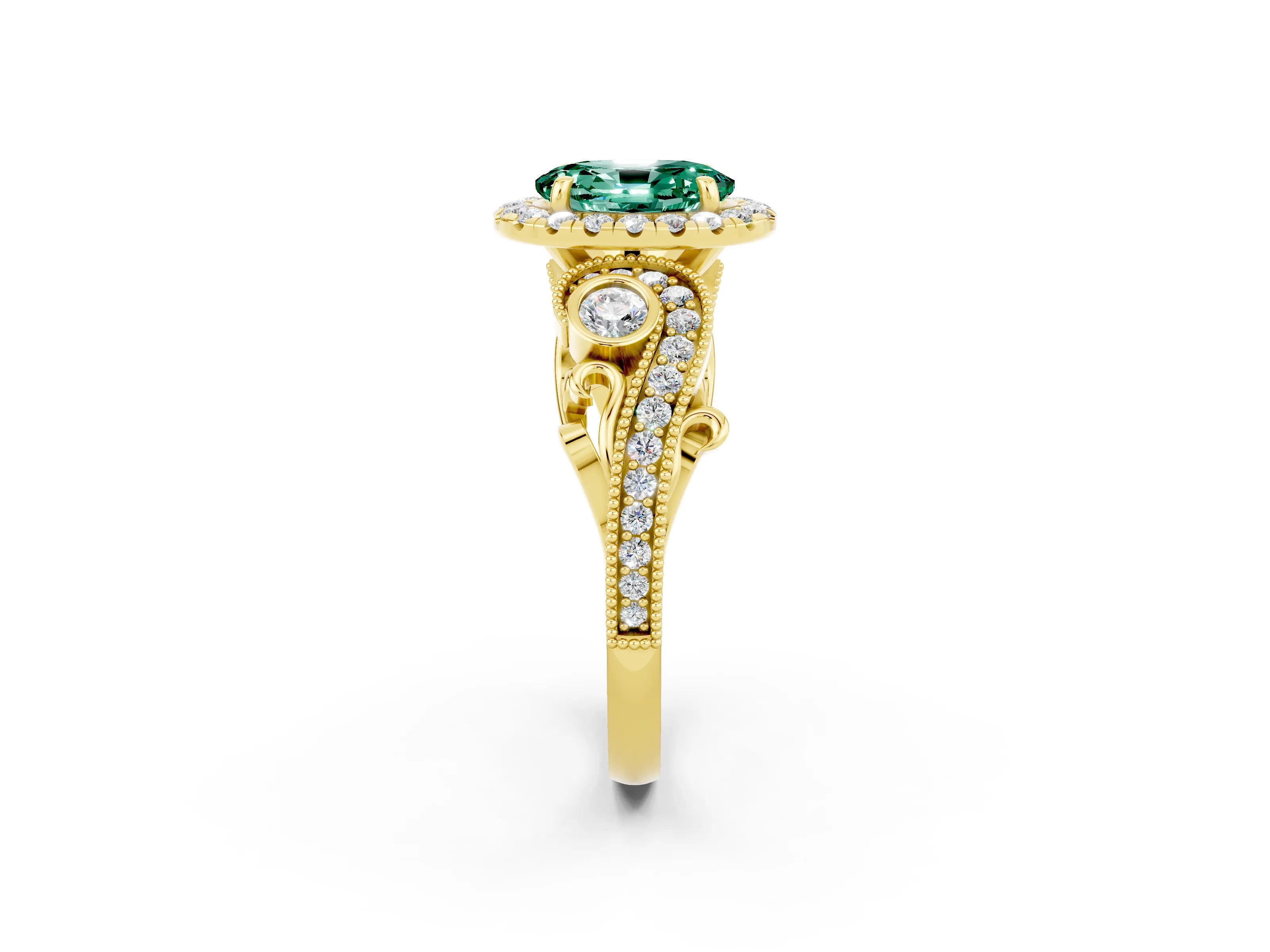 Yellow gold Oval Cut Green Sapphire Halo Ring with Milgrain Pavé Band and Four-Prong Setting_26