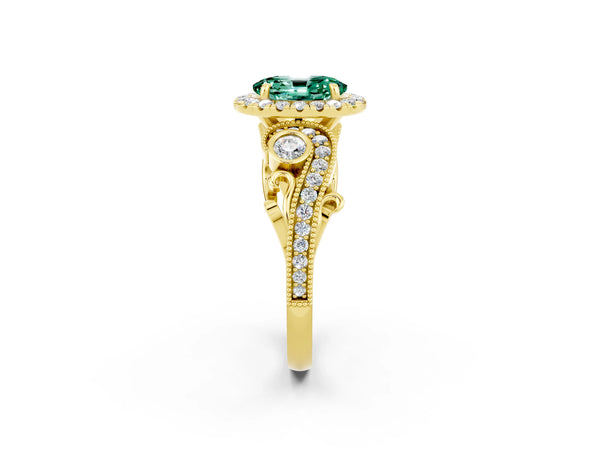 Yellow gold Oval Cut Green Sapphire Halo Ring with Milgrain Pavé Band and Four-Prong Setting