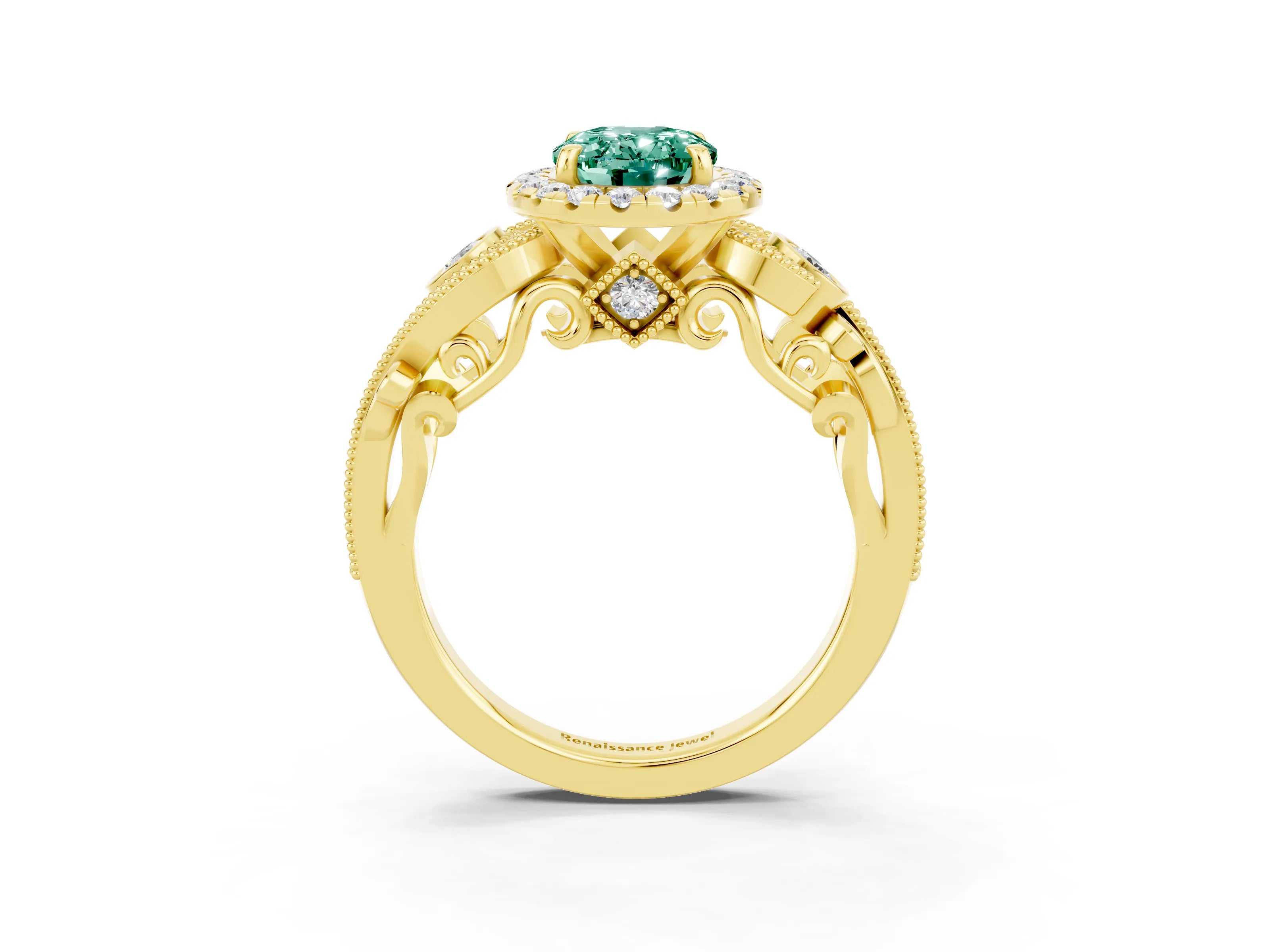 Yellow gold Oval Cut Green Sapphire Halo Ring with Milgrain Pavé Band and Four-Prong Setting_27