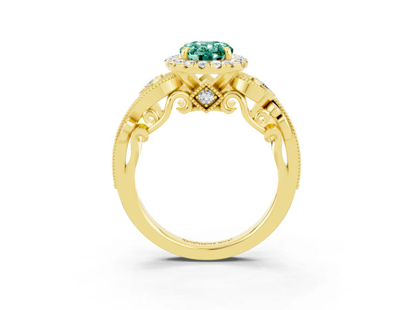 Yellow gold Oval Cut Green Sapphire Halo Ring with Milgrain Pavé Band and Four-Prong Setting
