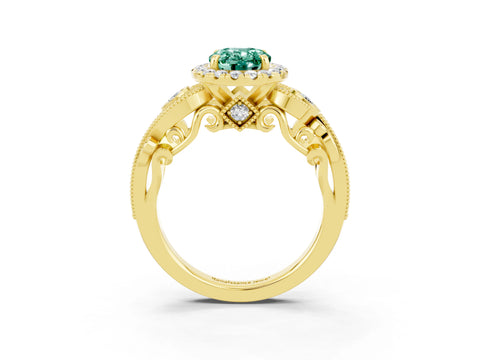Yellow gold Oval Cut Green Sapphire Halo Ring with Milgrain Pavé Band and Four-Prong Setting_27