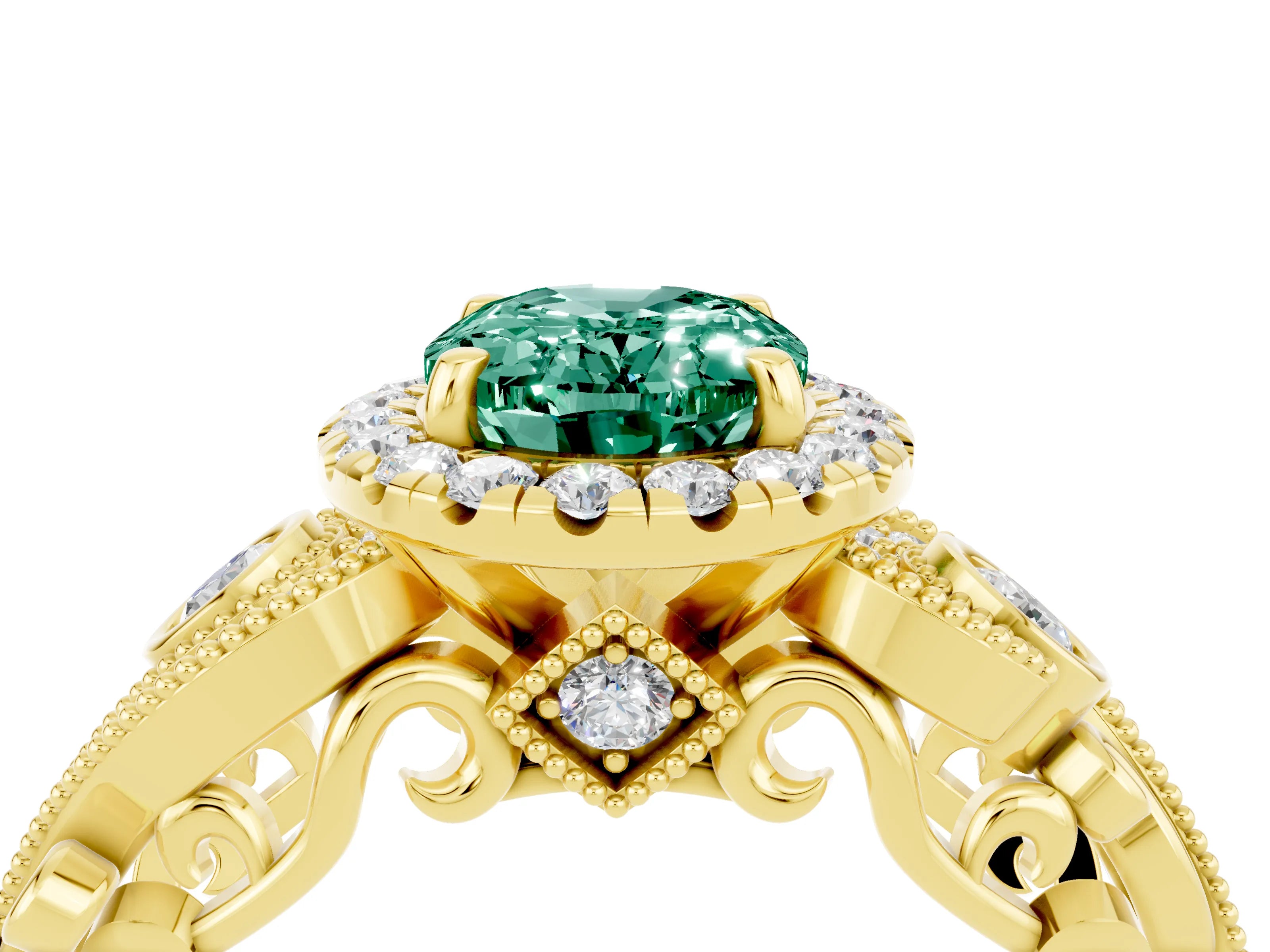 Yellow gold Oval Cut Green Sapphire Halo Ring with Milgrain Pavé Band and Four-Prong Setting_28