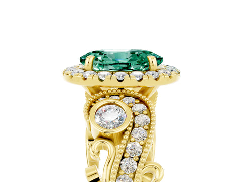 Yellow gold Oval Cut Green Sapphire Halo Ring with Milgrain Pavé Band and Four-Prong Setting_29