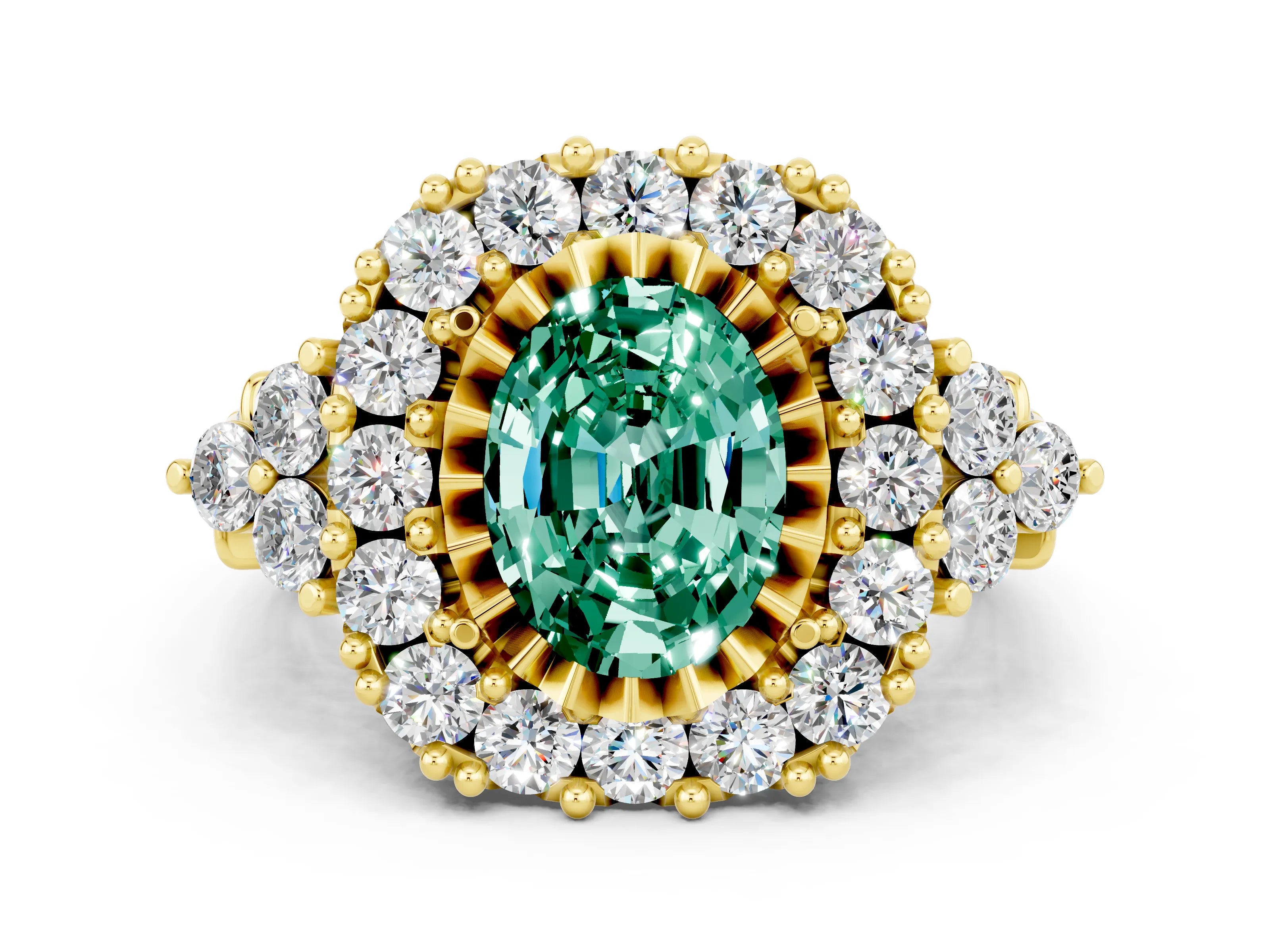 Yellow gold Oval Cut Green Sapphire Halo Ring with Pavé Band and Four-Prong Setting_12