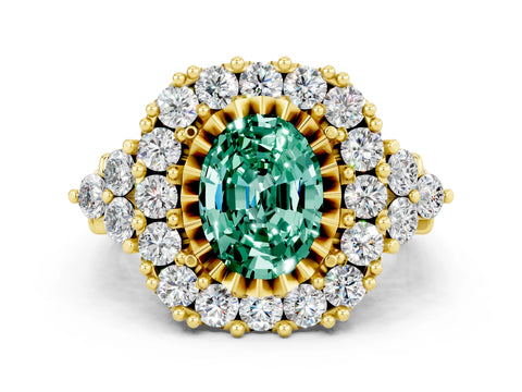 Yellow gold Oval Cut Green Sapphire Halo Ring with Pavé Band and Four-Prong Setting_12