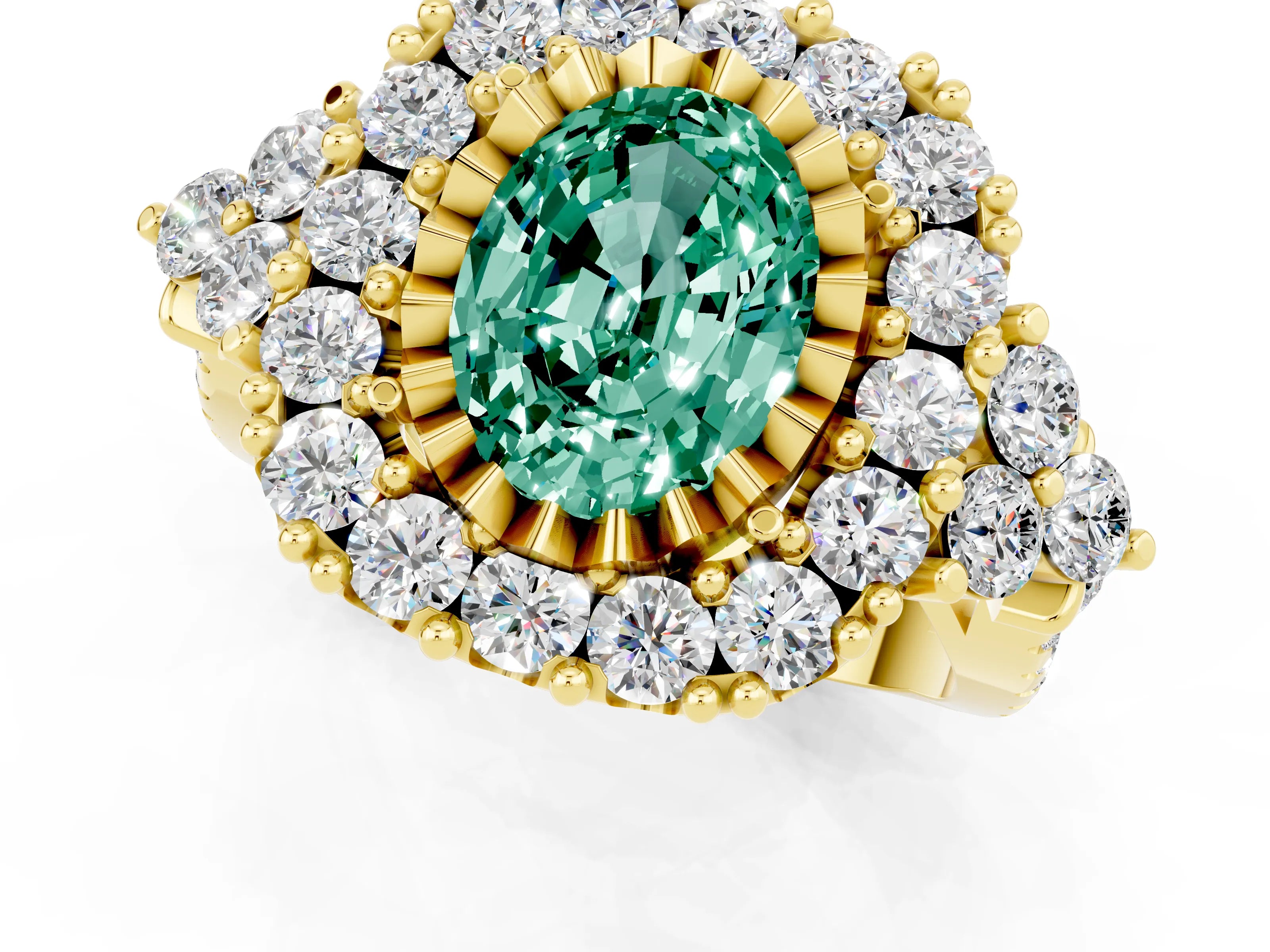 Yellow gold Oval Cut Green Sapphire Halo Ring with Pavé Band and Four-Prong Setting_13