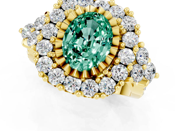 Yellow gold Oval Cut Green Sapphire Halo Ring with Pavé Band and Four-Prong Setting