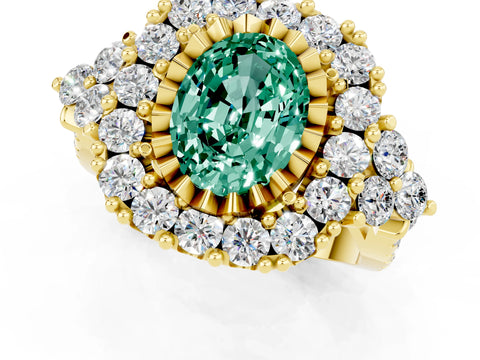 Yellow gold Oval Cut Green Sapphire Halo Ring with Pavé Band and Four-Prong Setting_13