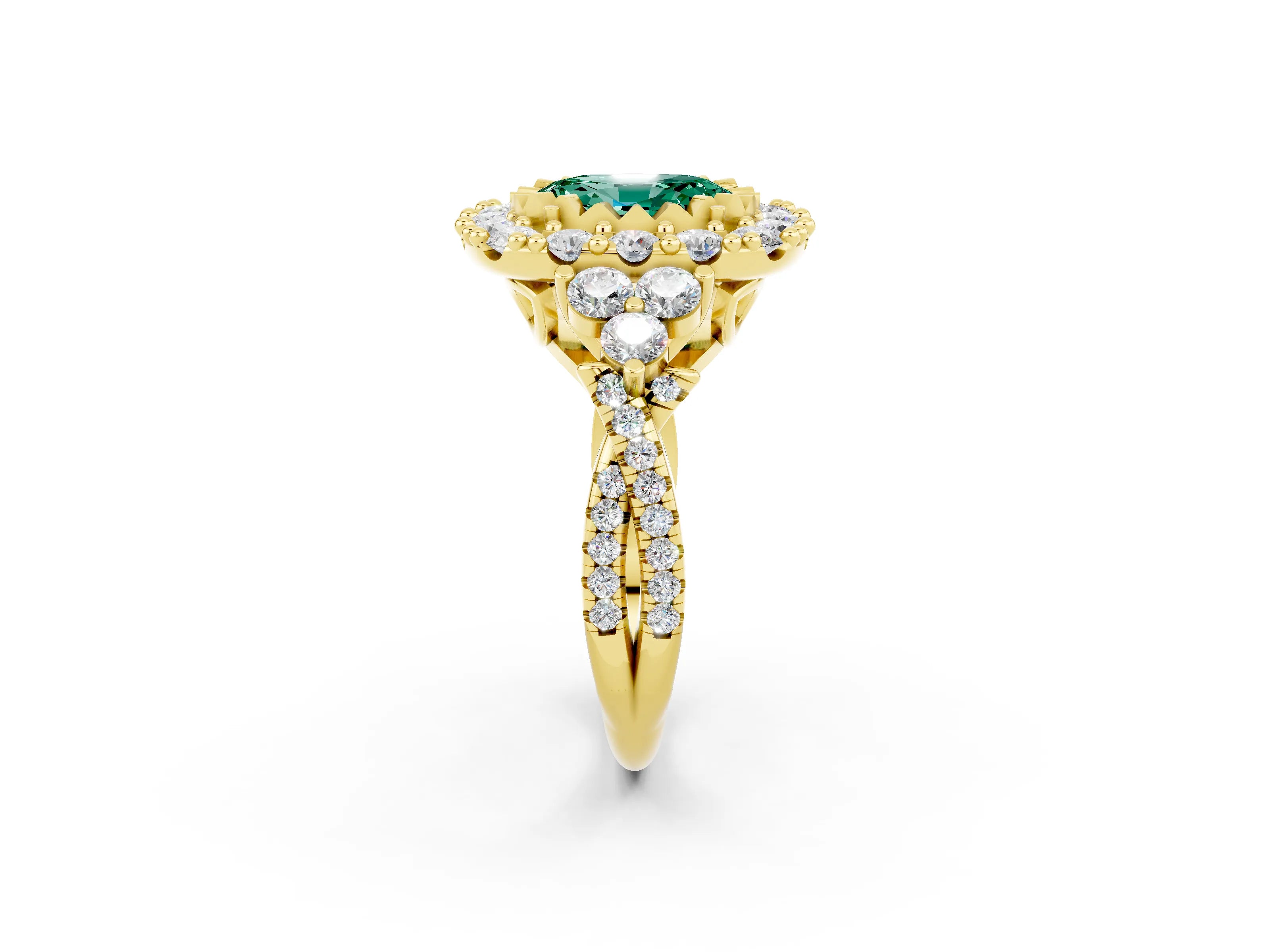 Yellow gold Oval Cut Green Sapphire Halo Ring with Pavé Band and Four-Prong Setting_14