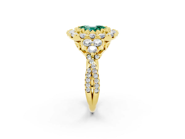 Yellow gold Oval Cut Green Sapphire Halo Ring with Pavé Band and Four-Prong Setting