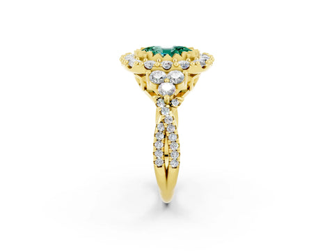 Yellow gold Oval Cut Green Sapphire Halo Ring with Pavé Band and Four-Prong Setting_14